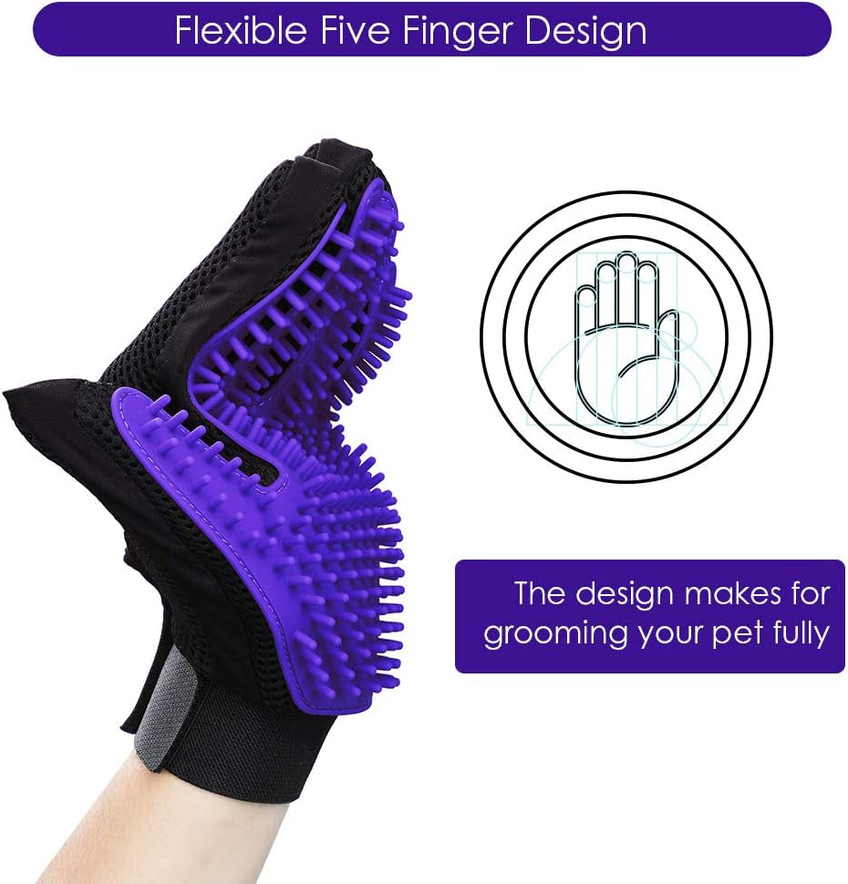 Pet Hair Removal Glove with 255 Silicone Tips for Dogs & Cats,1 Pair Purple | 2-In-1 Deshedding & Massage Mitt, 5-Finger Flexible Design, for Bathing & Grooming, Safe for Long/Short/Curly Hair Pets