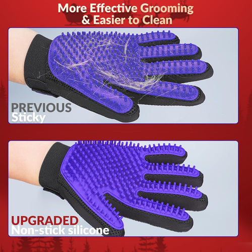 Pet Hair Removal Glove with 255 Silicone Tips for Dogs & Cats,1 Pair Purple | 2-In-1 Deshedding & Massage Mitt, 5-Finger Flexible Design, for Bathing & Grooming, Safe for Long/Short/Curly Hair Pets