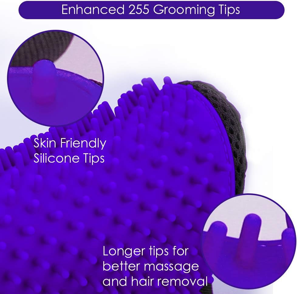 Pet Hair Removal Glove with 255 Silicone Tips for Dogs & Cats,1 Pair Purple | 2-In-1 Deshedding & Massage Mitt, 5-Finger Flexible Design, for Bathing & Grooming, Safe for Long/Short/Curly Hair Pets