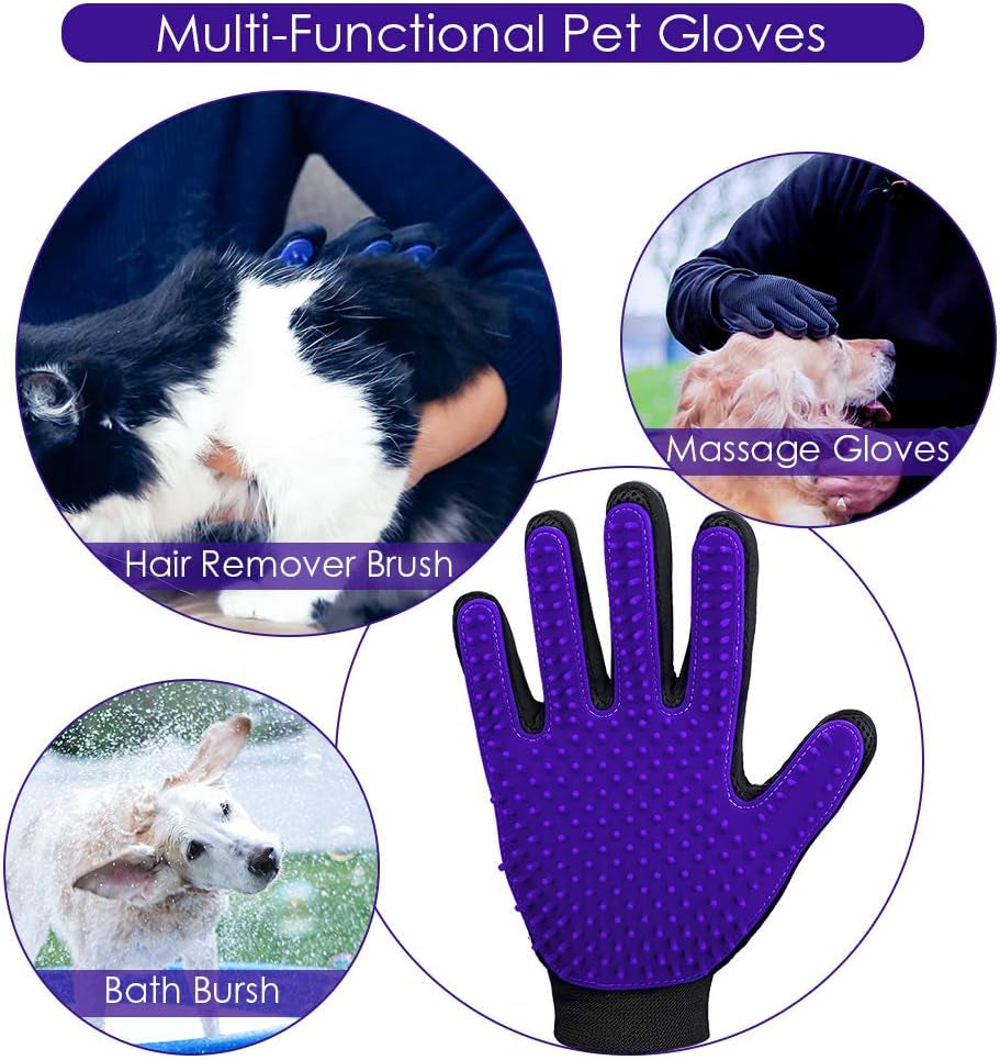 Pet Hair Removal Glove with 255 Silicone Tips for Dogs & Cats,1 Pair Purple | 2-In-1 Deshedding & Massage Mitt, 5-Finger Flexible Design, for Bathing & Grooming, Safe for Long/Short/Curly Hair Pets
